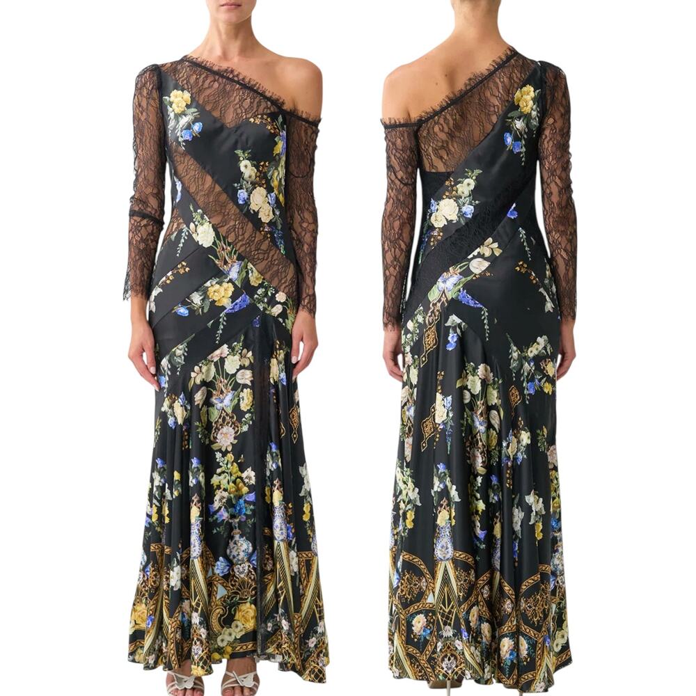 New Camilla Ottoman Elegance Lace One Shoulder Silk Dress Black Size M